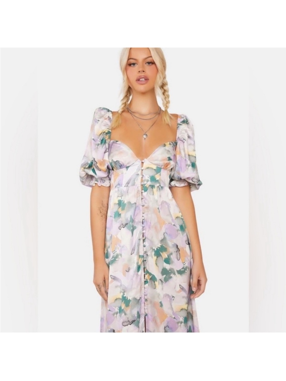 For Love & Lemons Pastel Watercolor Puff-Sleeve Maxi Dress